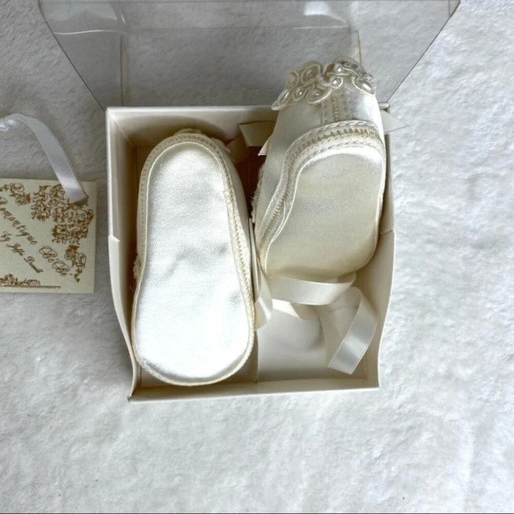 Baby Shoes White Ivory Vintage Gold Bug Clogs Brown Satin Faux Pearl Applique